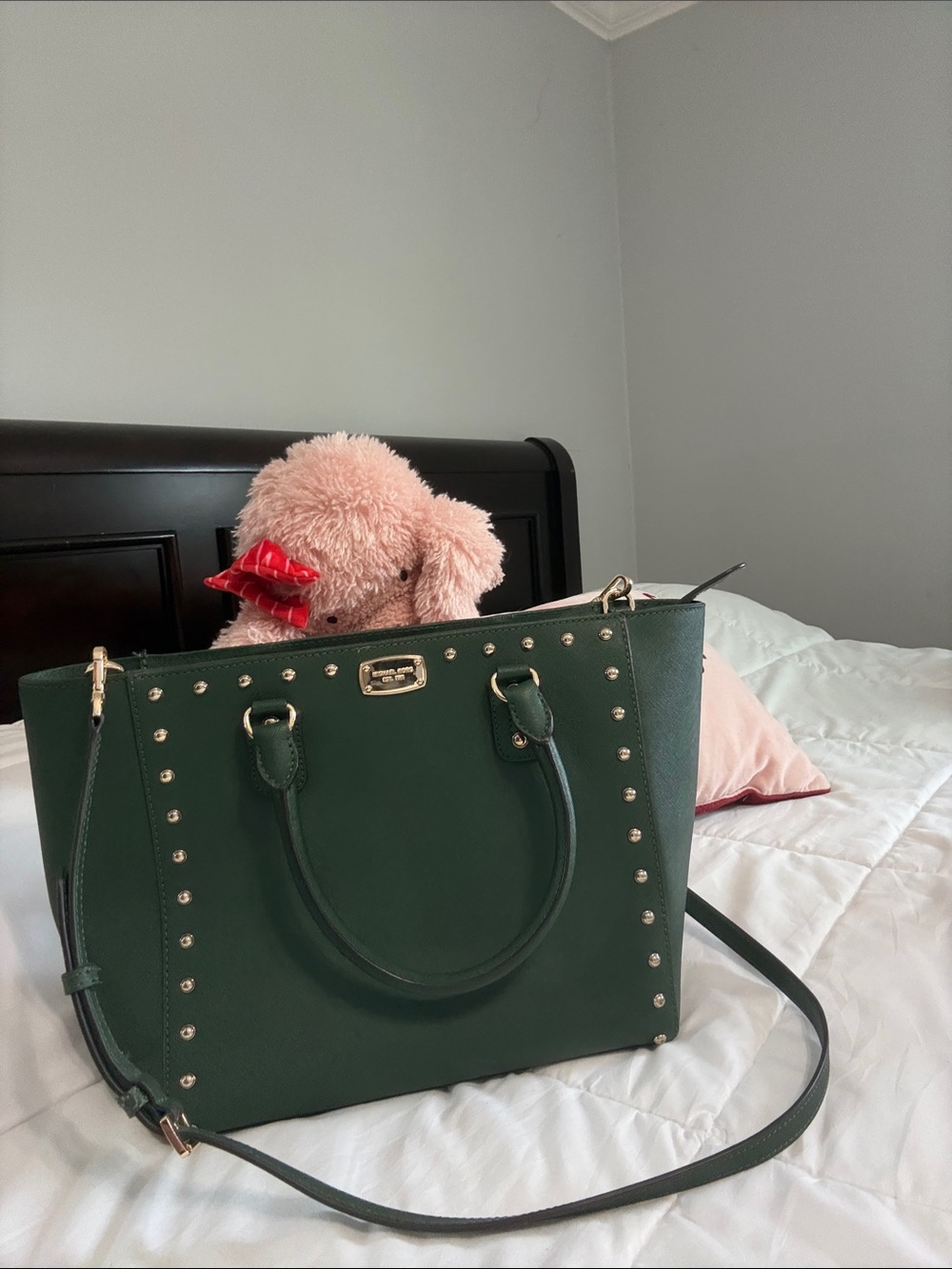 Michael Kors Dark Green Studded Leather Tote with Gold Hardware